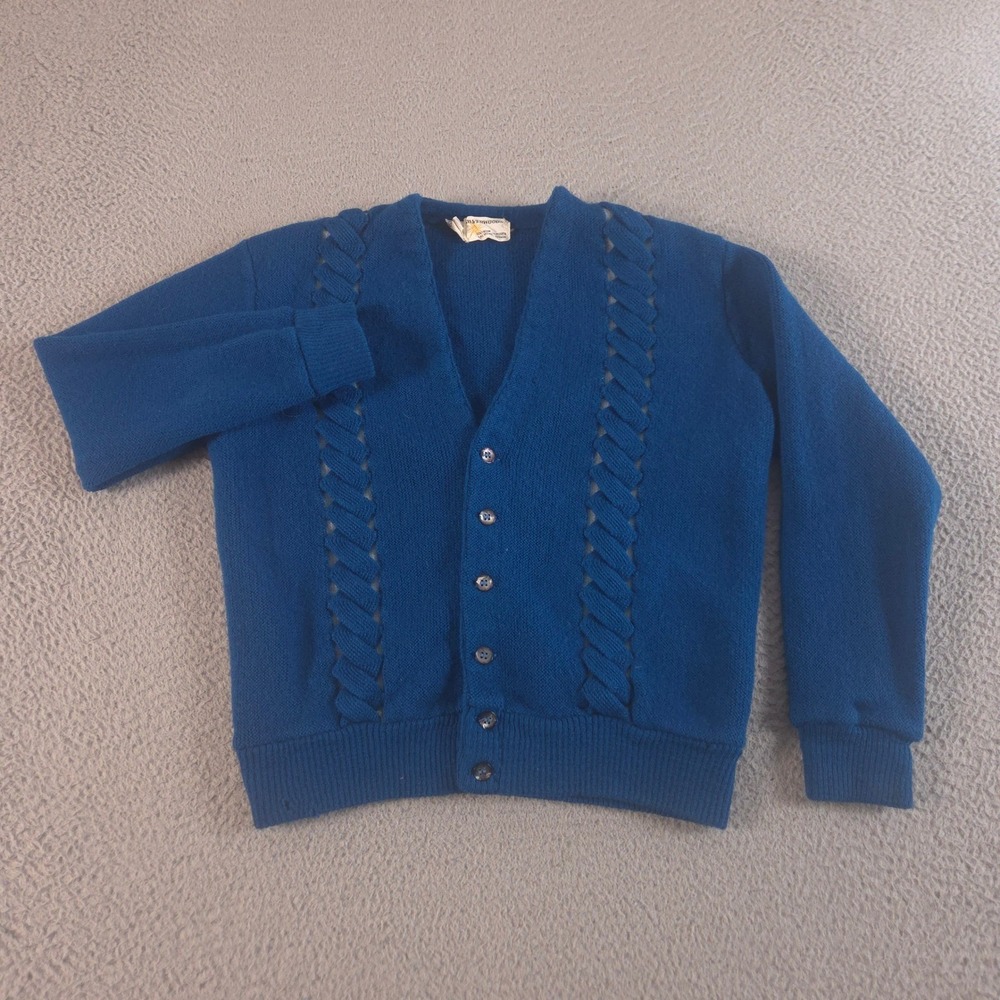 VINTAGE Silverwoods Sweater Mens M Teal Open Knit Cable Cardigan Wool 60s 70s - Picture 2 of 13